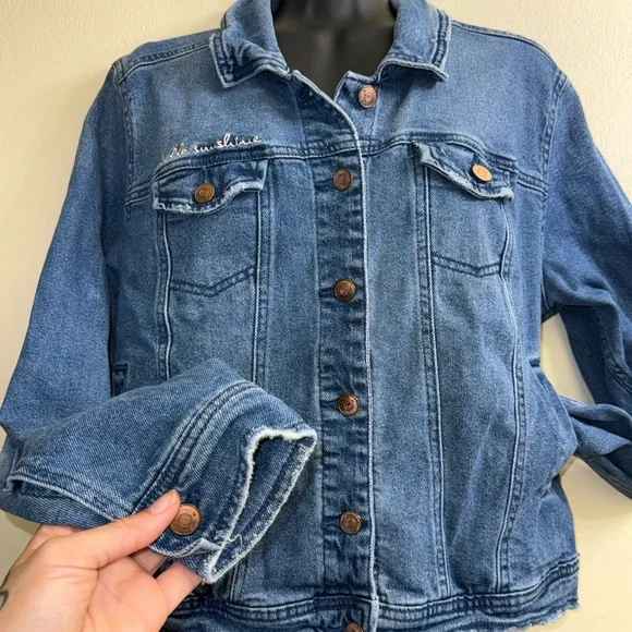 A New Day Hello Sunshine Embroidered Denim Jacket Raw Hem Blue Size L - Picture 3 of 7